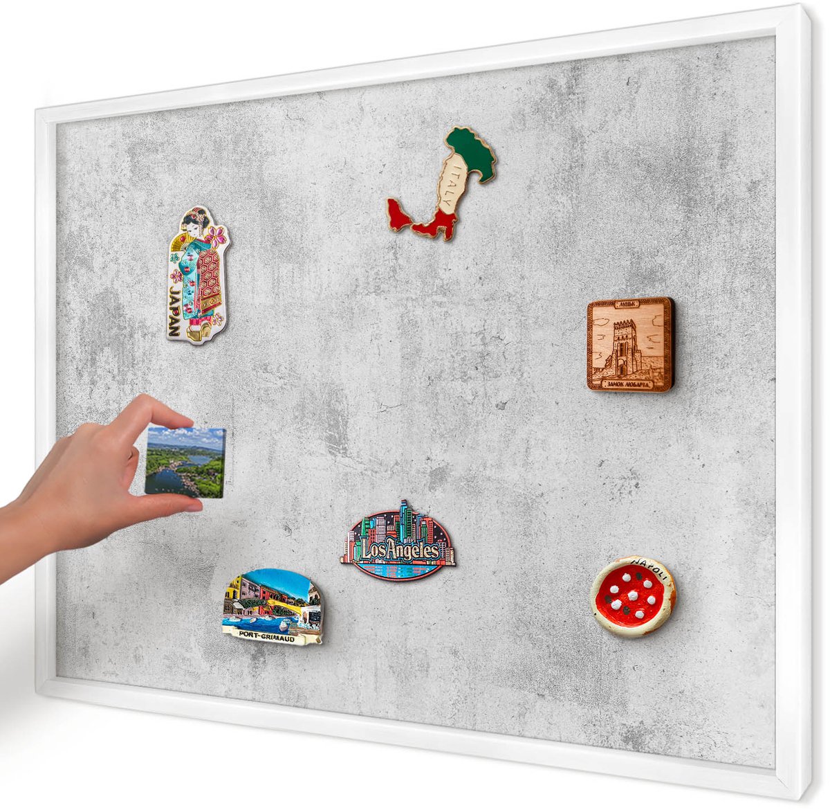 Artprintcave Grijs Magneetbord mit Witte Lijst - 70x50 cm - Ruw Beton Magneet Bord mit Frame - Industrieel/Loft Magneetbord Voor Foto's - Texturen