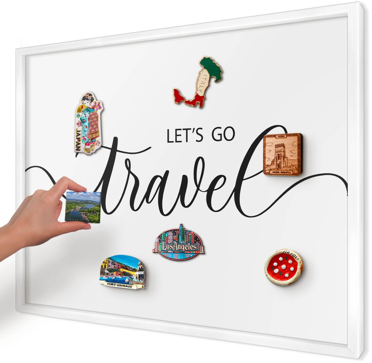 Artprintcave Zwart Magneetbord mit Witte Lijst - 70x50 cm - Laten We Samen Op Reis Gaan Bord Voor Magneten - Typografisch Magnetische Organizer - Teksten