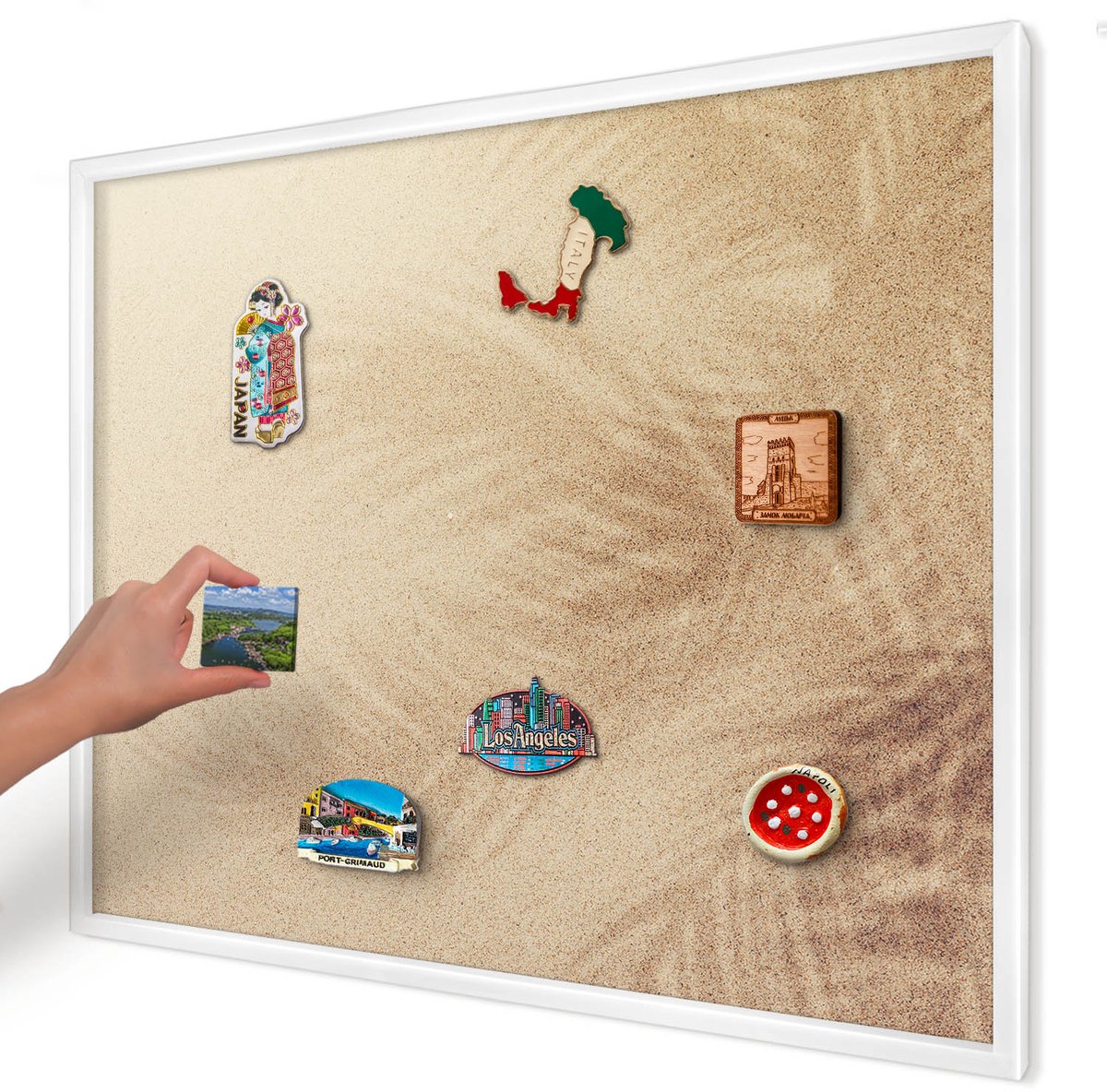 Artprintcave Beige Magneetbord mit Witte Lijst - 80x60 cm - Zandbladeren Magneetbord Voor Foto's - Minimalist Memobord Keuken - Natuur