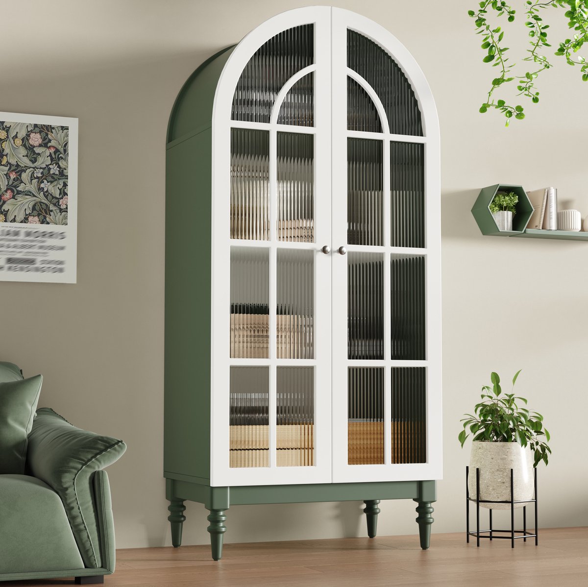FloraGrace Vitrinekast - Bogen Design Met Riffelglas En Dubbele Deuren - Vintage Voor Woonkamer En Eetkamer - MDF - Groen Wit - 76x38,5x165 Cm