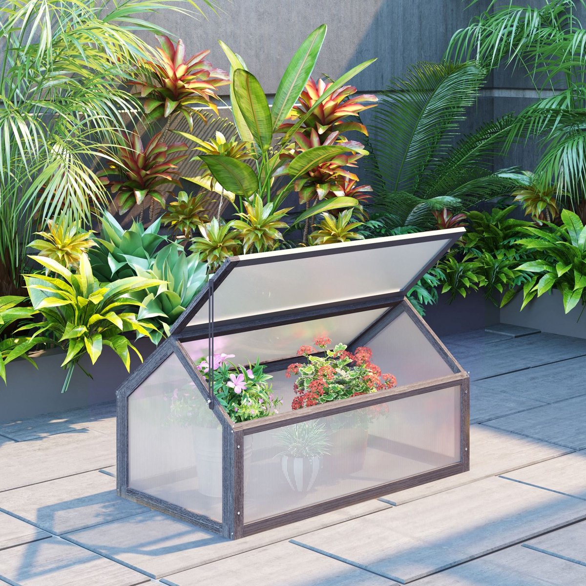 COVREO Mini kweekkas 90 x 52 x 49,5 cm, grijs, hout en kunststof, verstelbare top