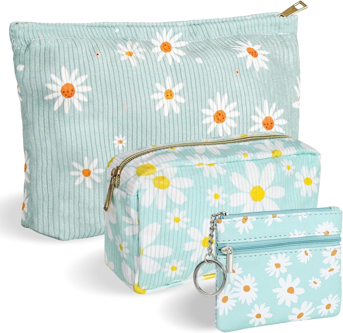 SnelShoppen - Set van 3 Dames Corduro Cosmetica Tassen met Rits - Florale Toilettas in Groen - Perfect voor Vrouwen en Meisjes - Grote en Kleine Tasse