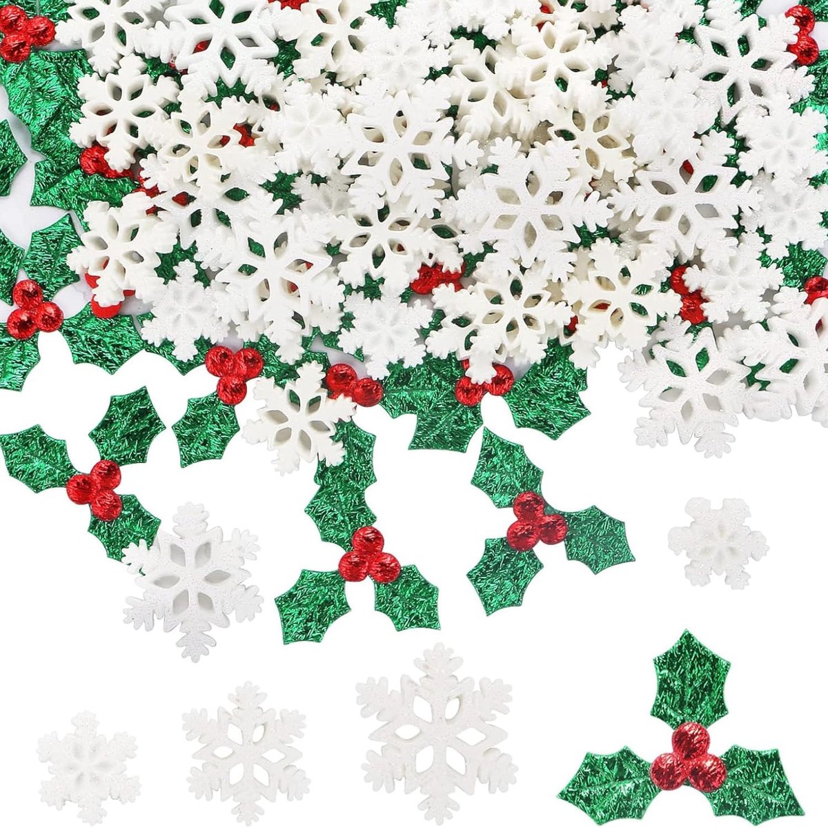 Pack of 150 Christmas Snowflakes Ornaments Mini Snowflake Artificial Resin Ornament White Snowflake Berry Leaf Sequins - ShopVlot