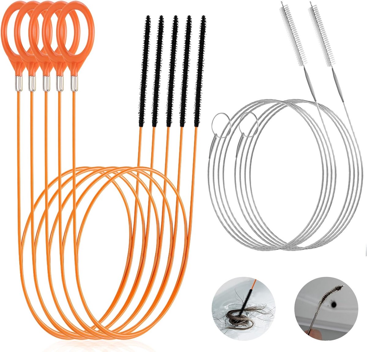 7-Piece Drain Hair Removers Set – Flexible, Shatterproof Steel Hose 76 cm & 150 cm Cleaning Brush – Gutter Cleaner for - ShopVlot