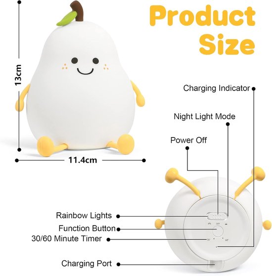 Schattig peervormig nachtlampje - siliconenmateriaal - Touch Touch LED-nachtlampje - USB-opladen - dimbaar bedlampje - 7 kleuren mini-tafellamp - geschikt voor jongens en meisjes - praktisch verjaardagscadeau voor meisjes, meisjes, jongens, kinderen — afbeelding 3