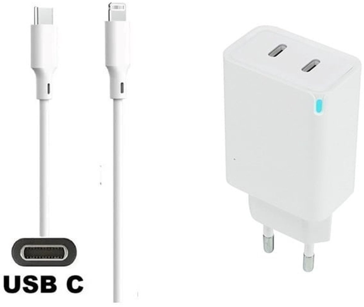 OneOne 45W super snellader met 2 poorten USB C - USB C en screenprotector van glas voor iPhone 12 + 1,2m USB C naar Lightning kabel. Witte PD PPS lader. Universele oplader adapter. Glazen screenprotector past op Apple iPhone 12