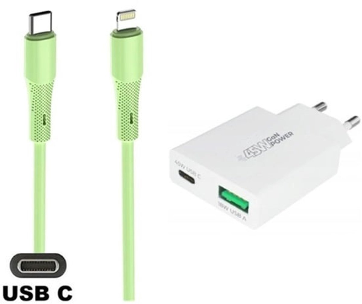 OneOne 45W super snellader met 2 poorten en screenprotector van glas voor iPhone 12 + 1,0m USB C naar Lightning kabel. Universele PD PPS lader. Compacte GaN oplader adapter. Glazen screenprotector past op Apple iPhone 12