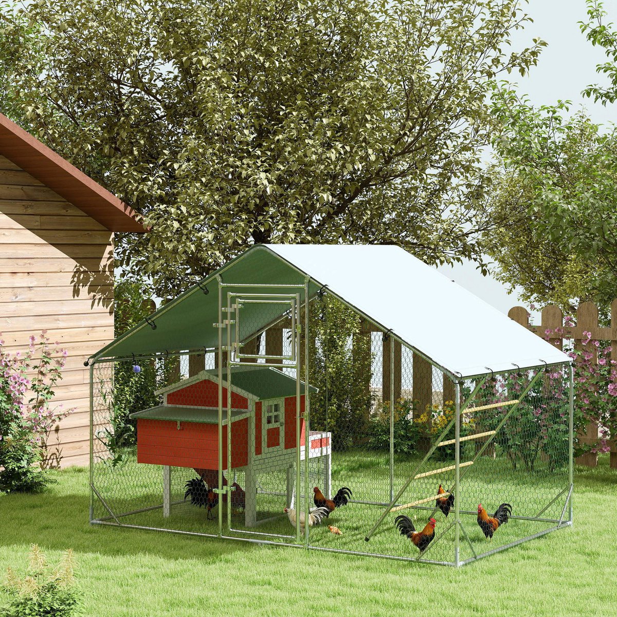COVREO Kippenhok 300 x 200 x 195 cm, zilver, staal, met UV-bestendige afdekking