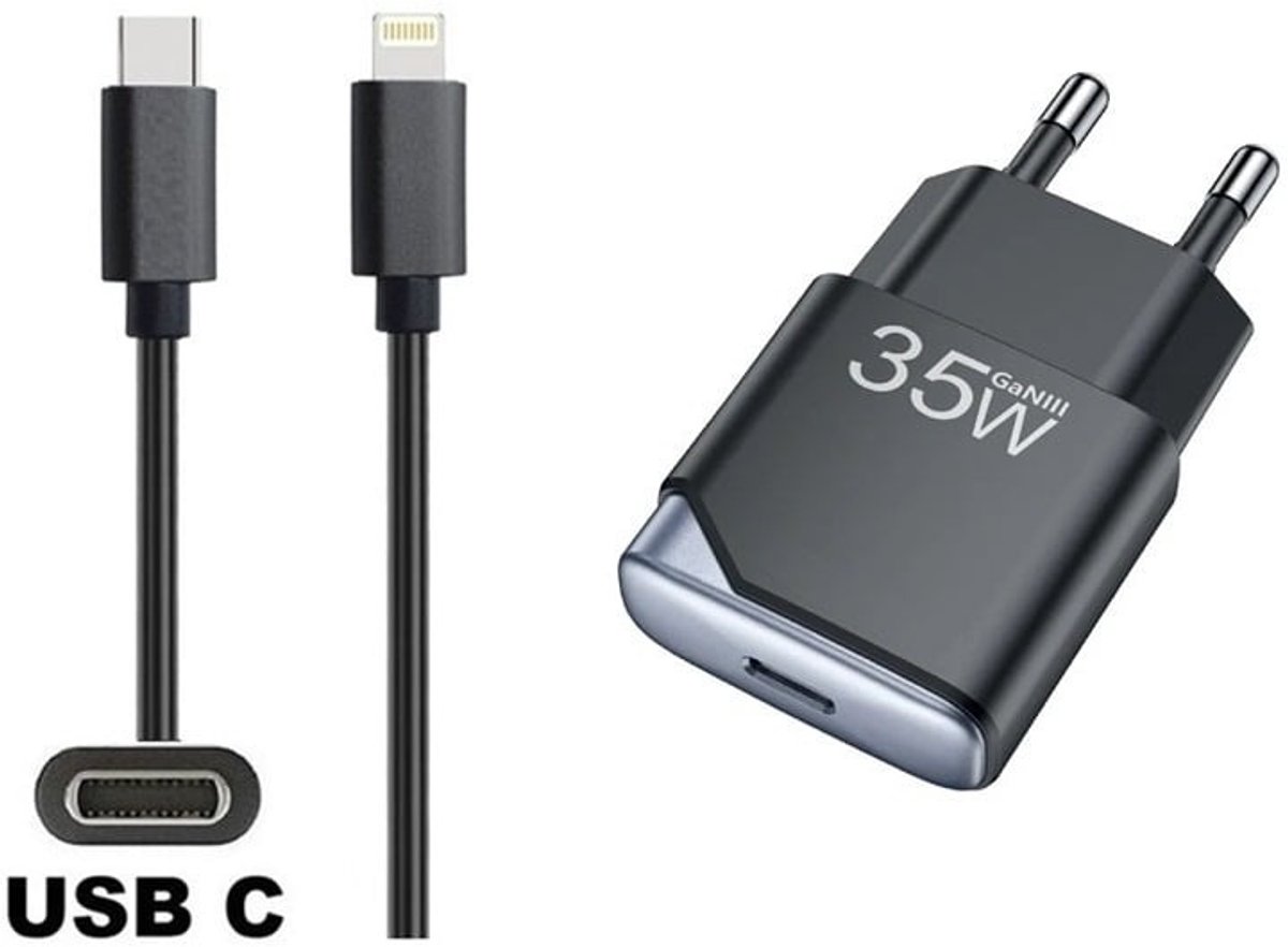 OneOne 35W super snellader en screenprotector van glas voor iPhone 13 Pro Max en iPhone 14 Plus + 2,0m sterke USB C naar Lightning kabel. GaN lader. PD PPS oplader adapter. Glazen screenprotector past op Apple iPhone 13 Pro Max & iPhone 14 Plus