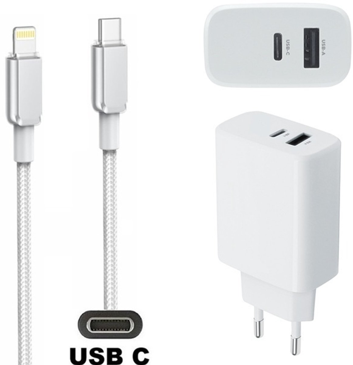 25W super snellader met 2 poorten en screenprotector + 0,9m USB C naar Lightning kabel. PD lader. Universele oplader adapter. Glazen screenprotector past op Apple iPhone 13 Pro Max & iPhone 14 Plus