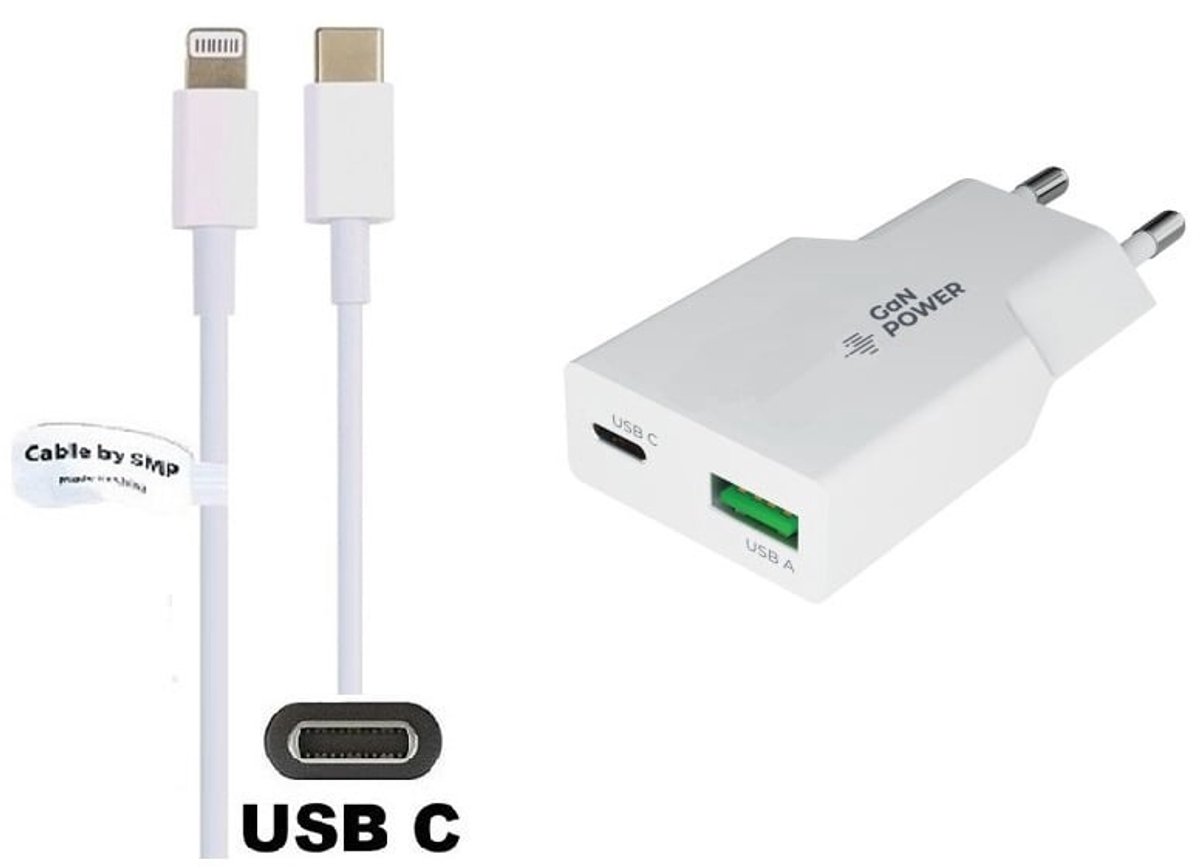 30W super snellader met 2 poorten en screenprotector + 2,0m USB C naar Lightning kabel. PD PPS lader. GaN oplader adapter. Glazen screenprotector past op Apple iPhone 13 Pro Max & iPhone 14 Plus