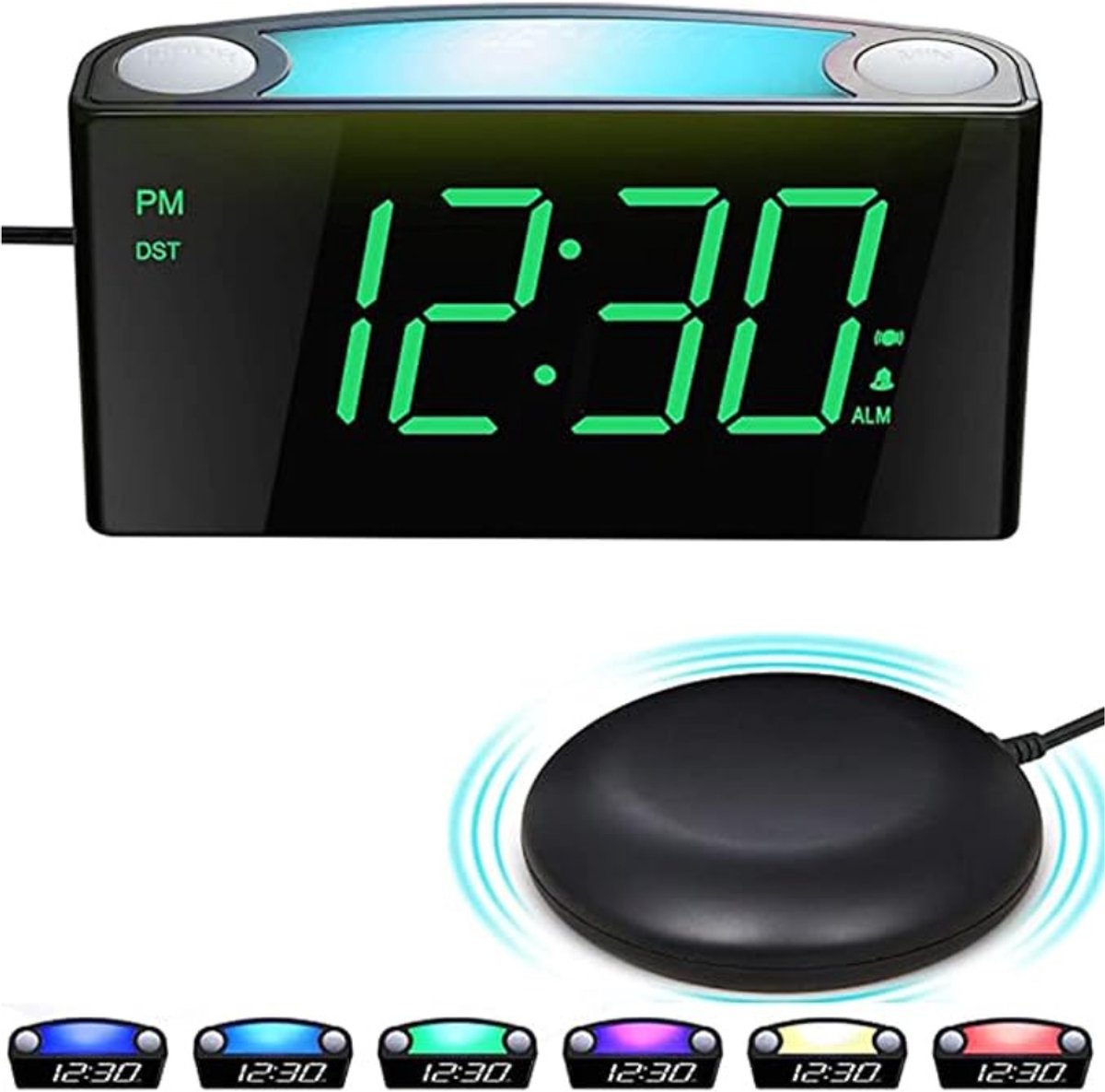 Verte Slaapwekker - Trillende Wekker met Bedschudder – Luide Zoemer – Nachtlampje met 7 Kleuren – Groot Digitaal Scherm en Dimmer – 2 USB-Poorten – Snooze-Functie – Noodstroomvoorziening via Batterijen en Wekker met Netspanning voor Diepe Slapers