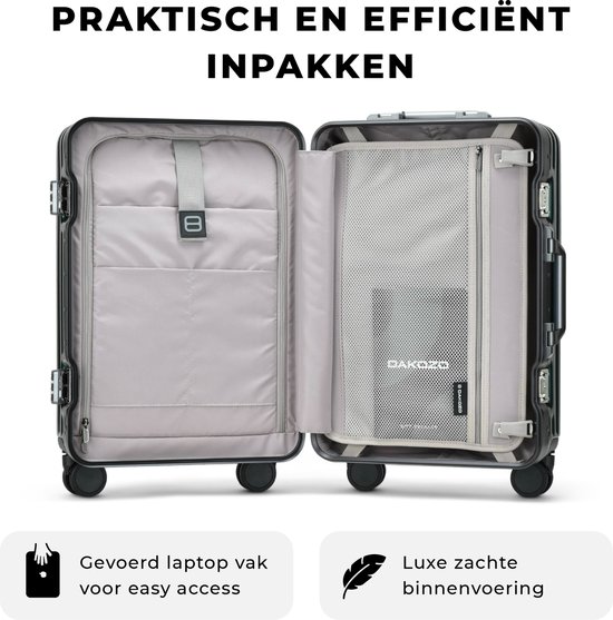 Open DAKOZO koffer toont een gevoerd laptop vak en luxe zachte binnenvoering.