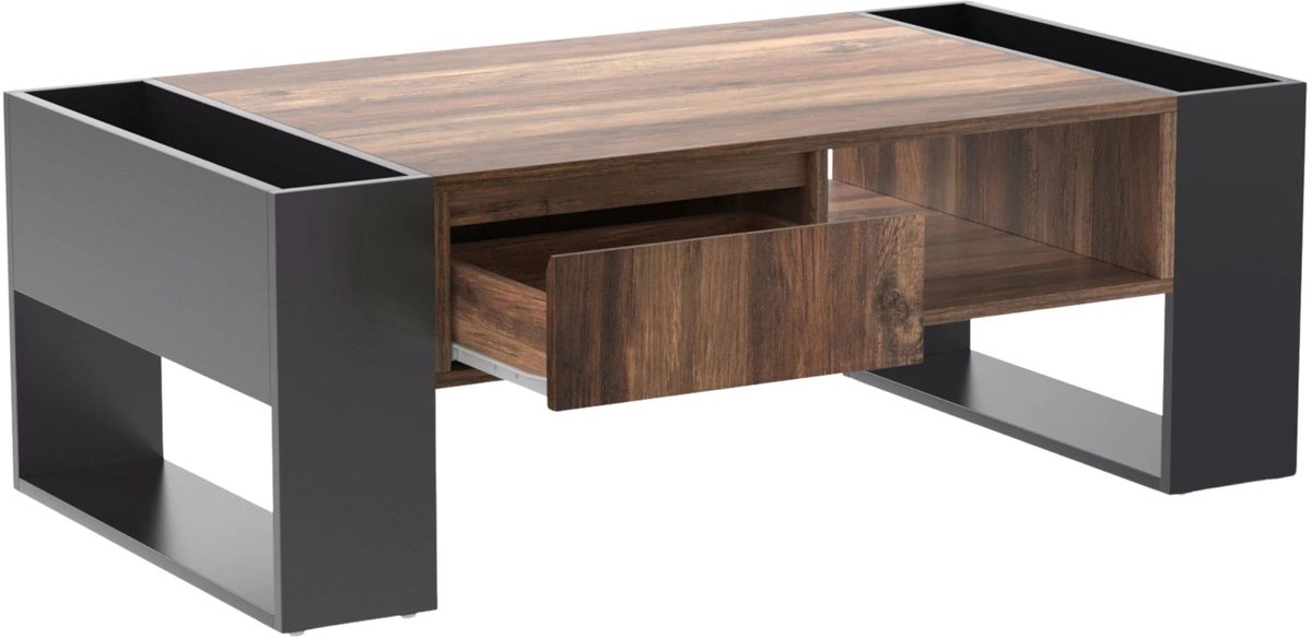 Happiq Salontafel - Houtnerf, Naturel Lichtbruin - met Greeploze Lade en Opbergvak, Moderne Minimalistische Stijl - voor Woonkamer en Slaapkamer Black