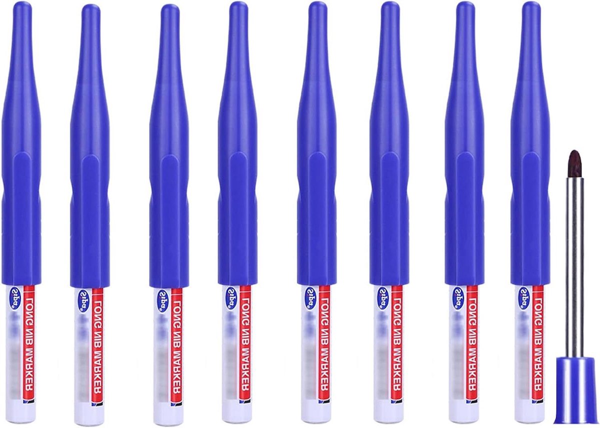 Marker Pennen - Timmer Pennen - Diepe Gaten Markeren - Extra Lange Tip - 8 Stuks - Blauw