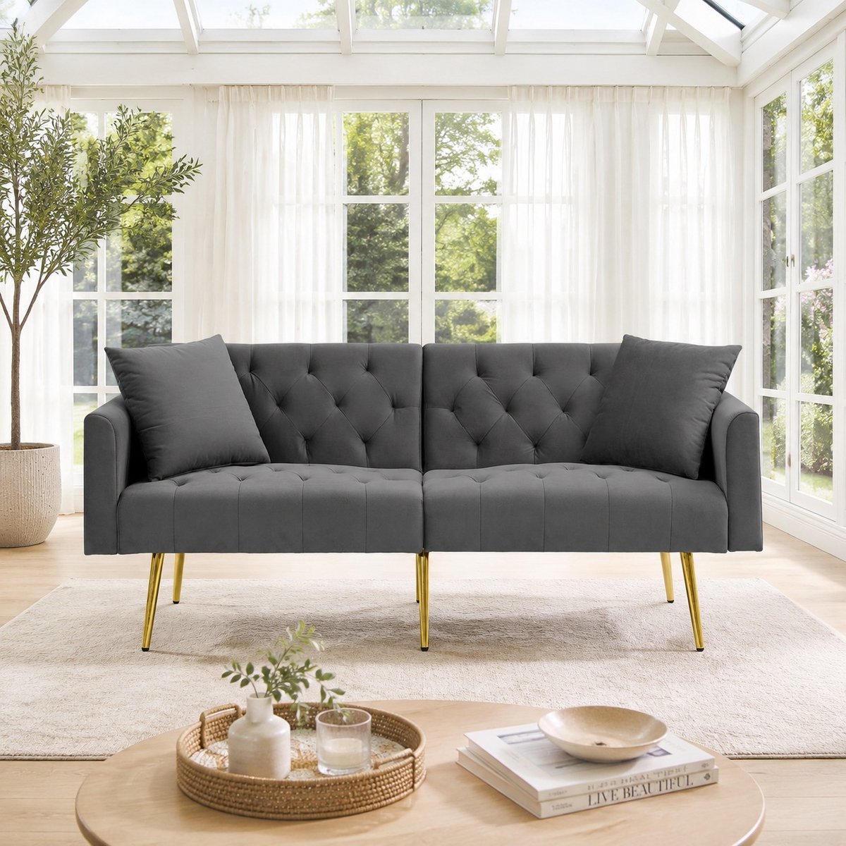 MODENUIT Slaapbank 177 x 78 x 74 cm - 3-Standen Verstelbare Rugleuning - Voor Woonkamer - Fluweel Grijs