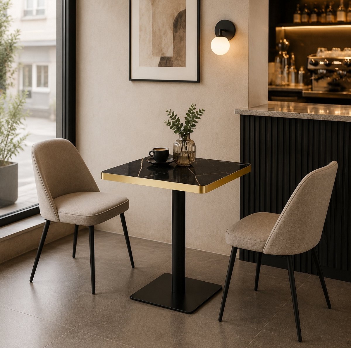 FloraGrace Eettafel - Vierkant Met Marmerlook En Gouden Rand - Voor Eethoek, Bistro Of Café - Hout En Metaal - 60x60x74 Cm - Zwart