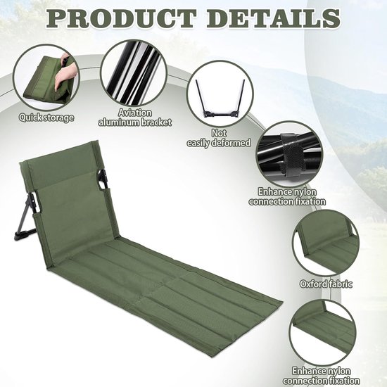 Vouwbare Strandmat met Rugleuning, Lichtgewicht Strandstoel met Uitgebreide Zitting voor Buiten, Perfect voor Camping, Picknick en Tuinactiviteiten — afbeelding 5