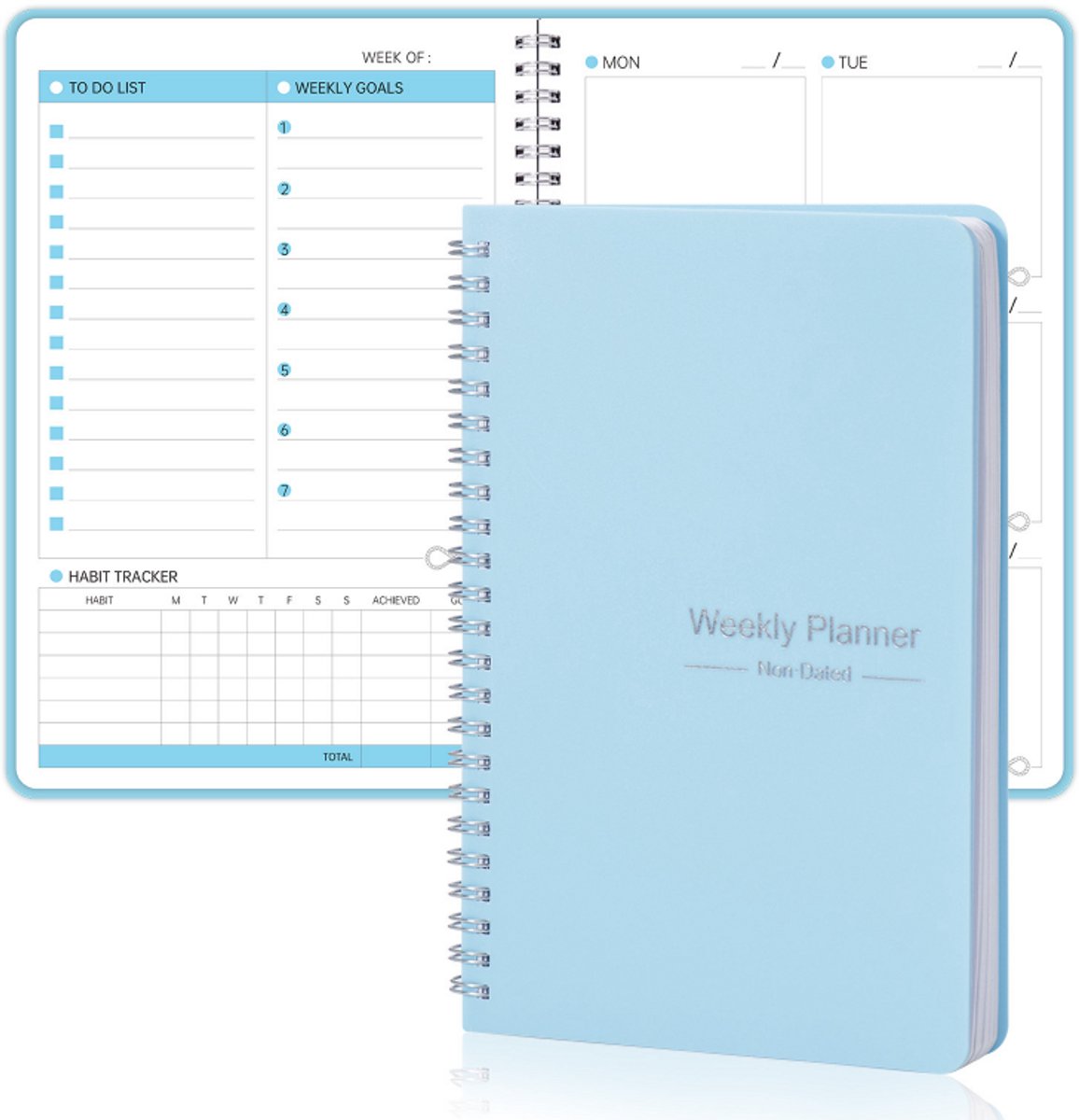 Bobypet - Undated Weekly Planner A5 - Weekplanner Zonder Datum met Habit Tracker & Doelen Organizer - Spiraal Notitieboek voor Werk, School & Studie - blauw