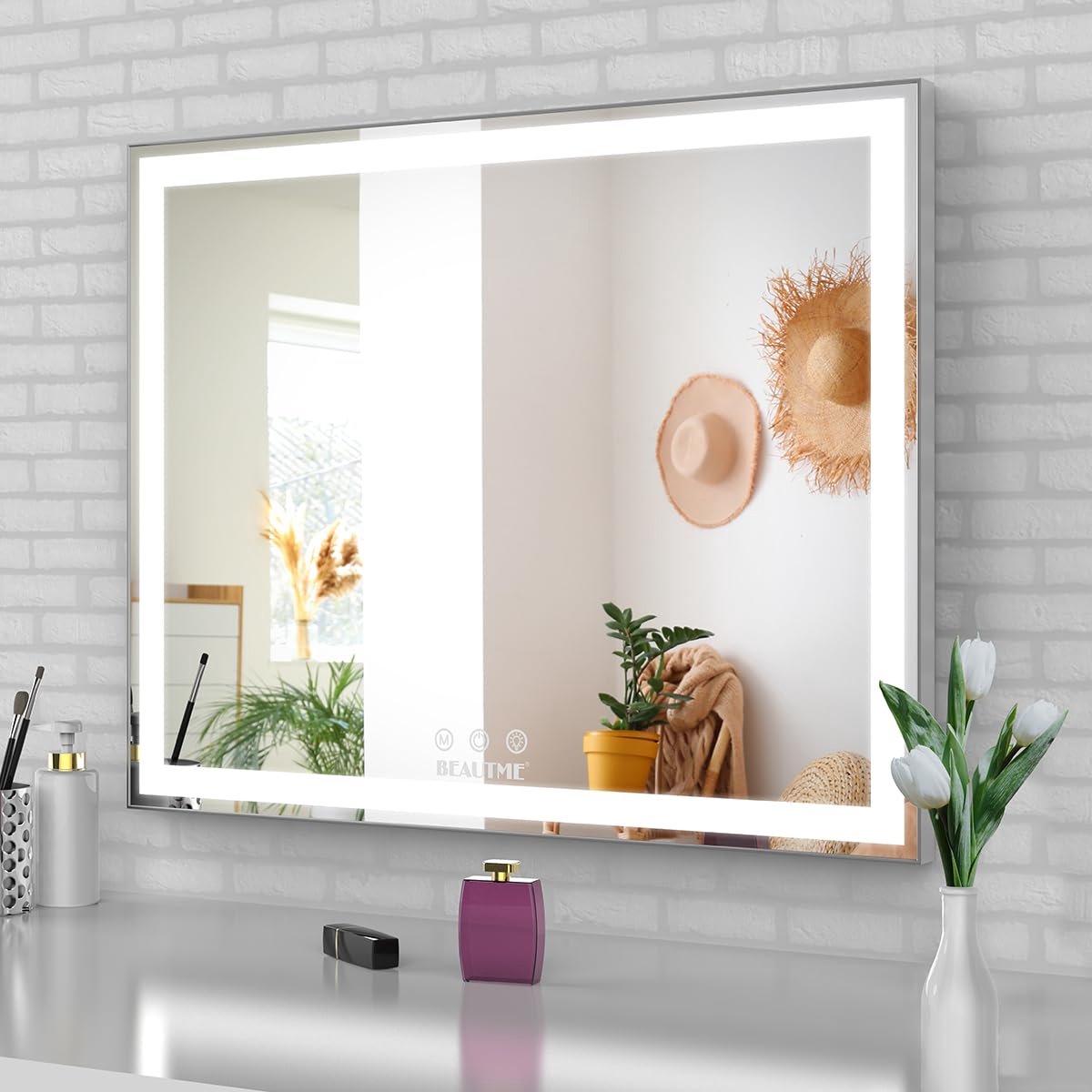 SnelShoppen - BEAUTME Make-upspiegel met LED-achtergrondverlichting, verlichte Hollywood-make-upspiegel, 3 kleurmodi met dimmer, zilver, 71,9 x 56,4 c