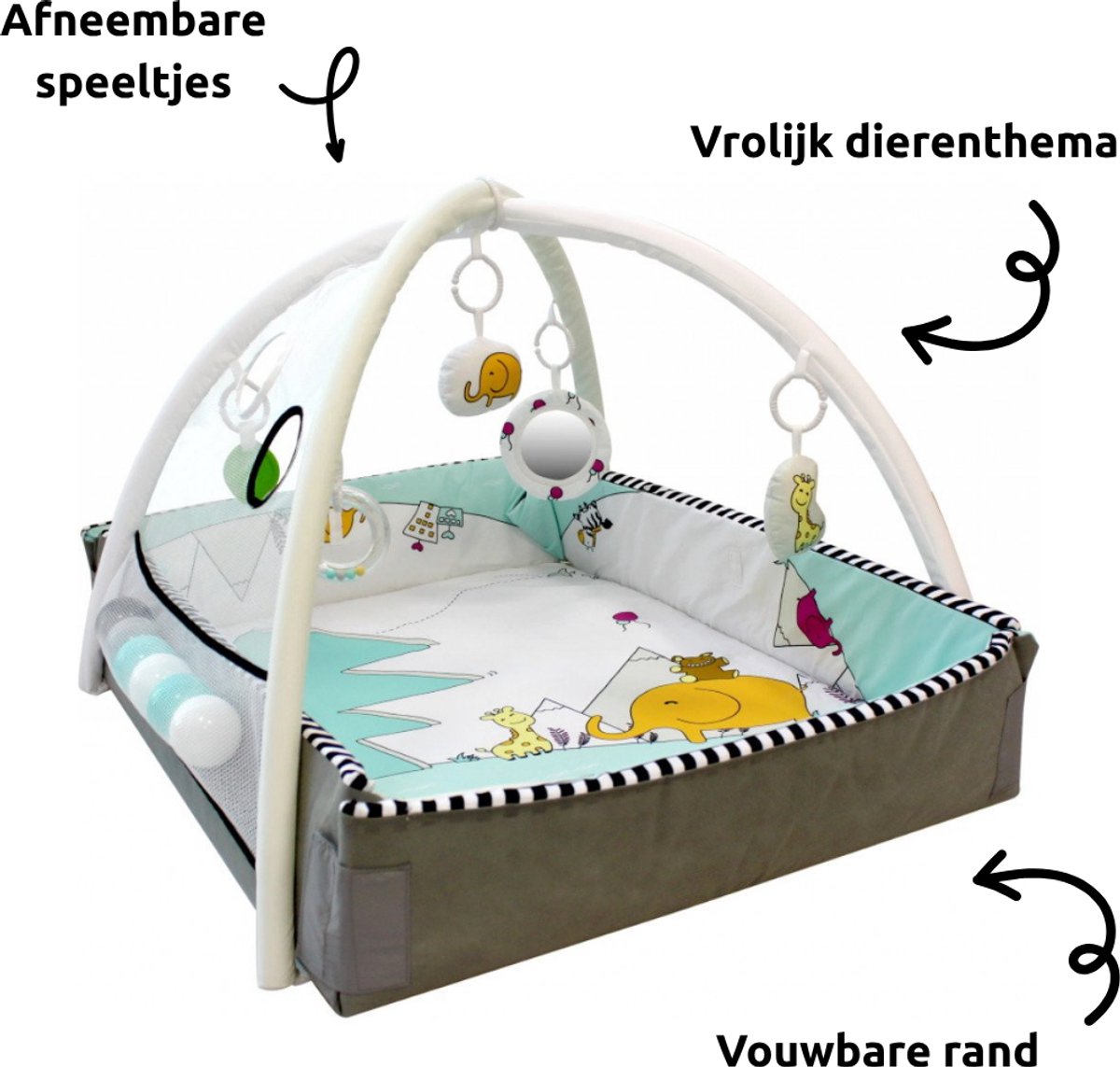 MamaLoes 5-in-1 Multifunctioneel Speelkleed / Ballenbak - Buikligtrainer - Babygym - Speelmat met Boog - Diertjes – foto 3