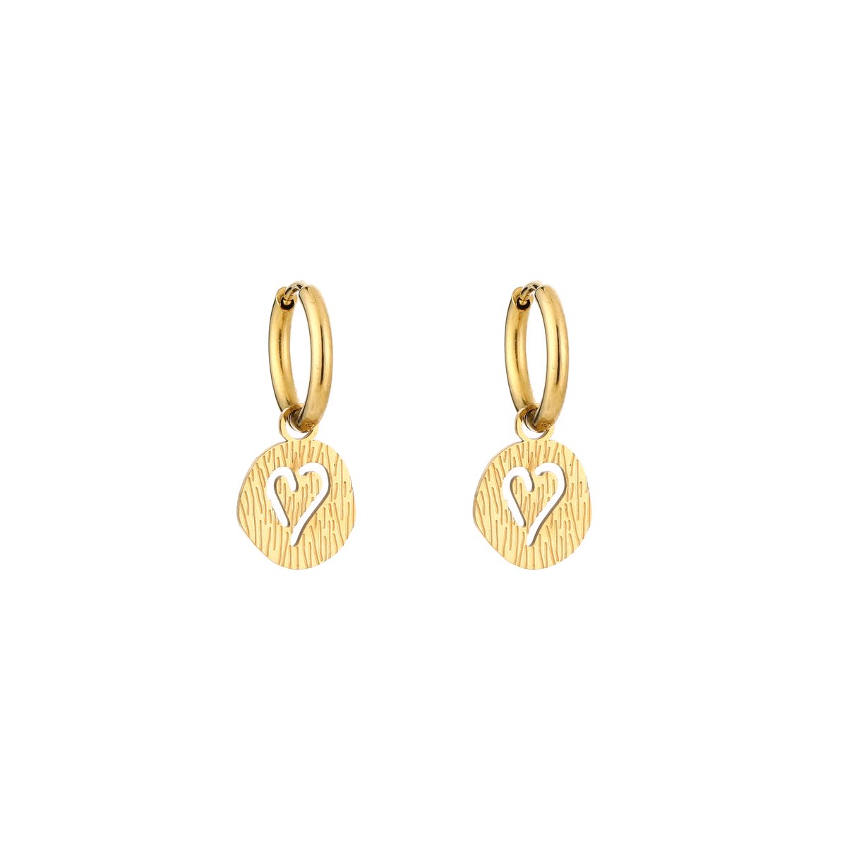 Textured Coin Heart Cutout Huggie Hoops 2.5CM – Luxe Oorringen met Geciseleerd Hart-Muntje – RVS - Goud