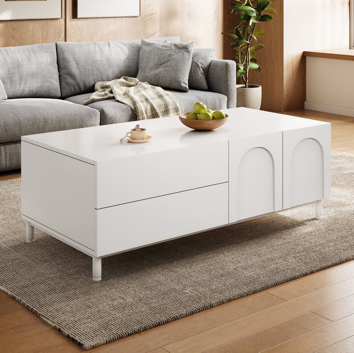 COVREO Salontafel 100x50 cm wit, MDF en spaanplaat met 2 lades 2 deuren