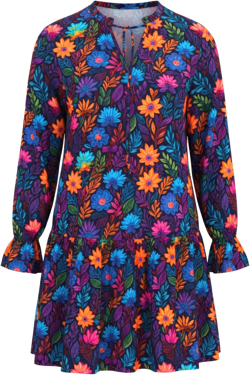 Angel of Style - Dames - Lange blouse A-lijn bloemmotief volants - Zwart - Maat 56