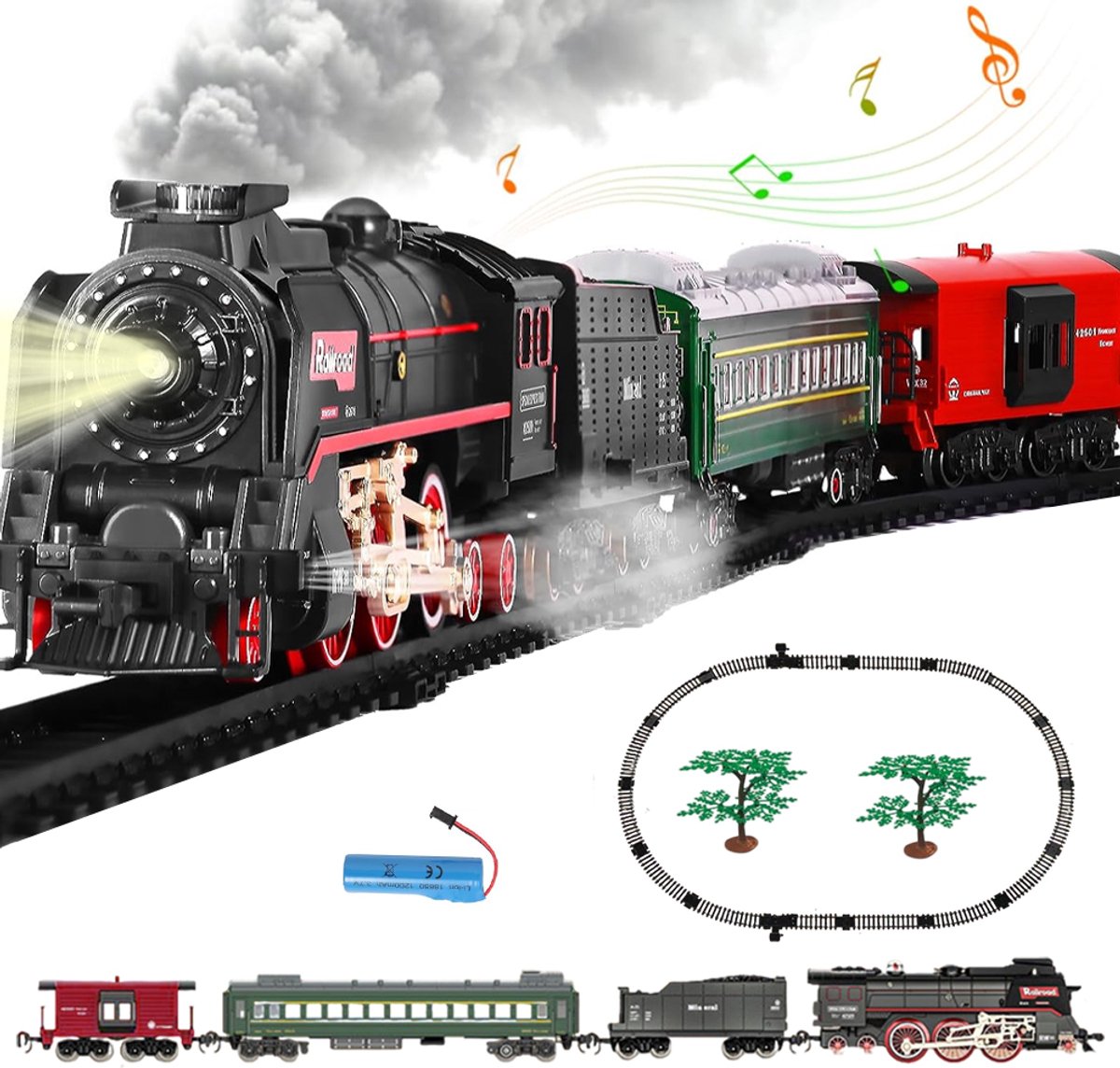 Speelgoedtrein - Stoomtrein - Treinset voor Kinderen -Realistisch Rook-, Licht- & Geluidseffect - Zelfbouw Railsysteem - 4-Wagen & 24 Delige Baan - Educatief Speelgoed - Voor Kerst, Cadeau & Thuis