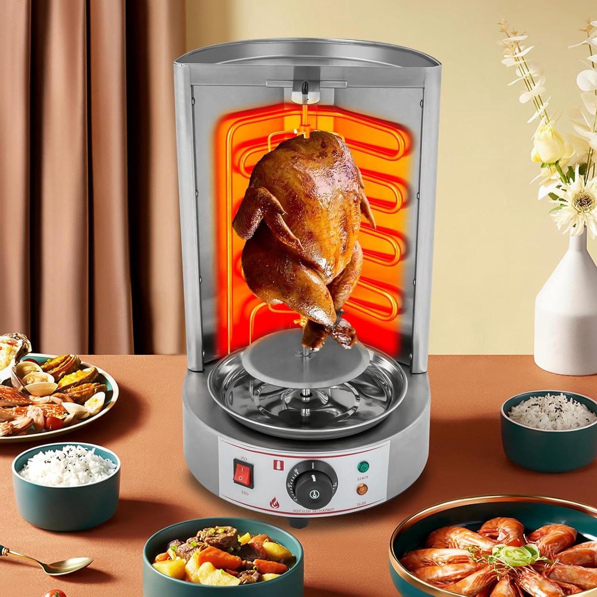 Dönergrill Verticaal Grill - Kebab Grill Elektrisch - Thuis Grillen - U-vormige Verwarmingsbuizen - 48H cm - Zilver