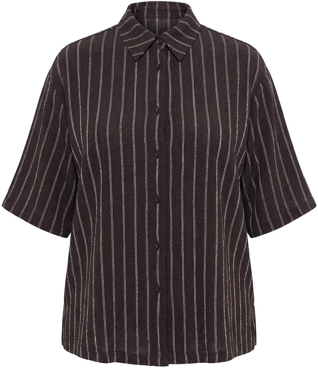 Ulla Popken - Dames - Jersey blouse strepen overhemdkraag korte mouwen - Mahonie - Maat 50+