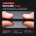 Dun zwart schuimmateriaal, 3 mm dik, vastgehouden tussen duim en wijsvinger.