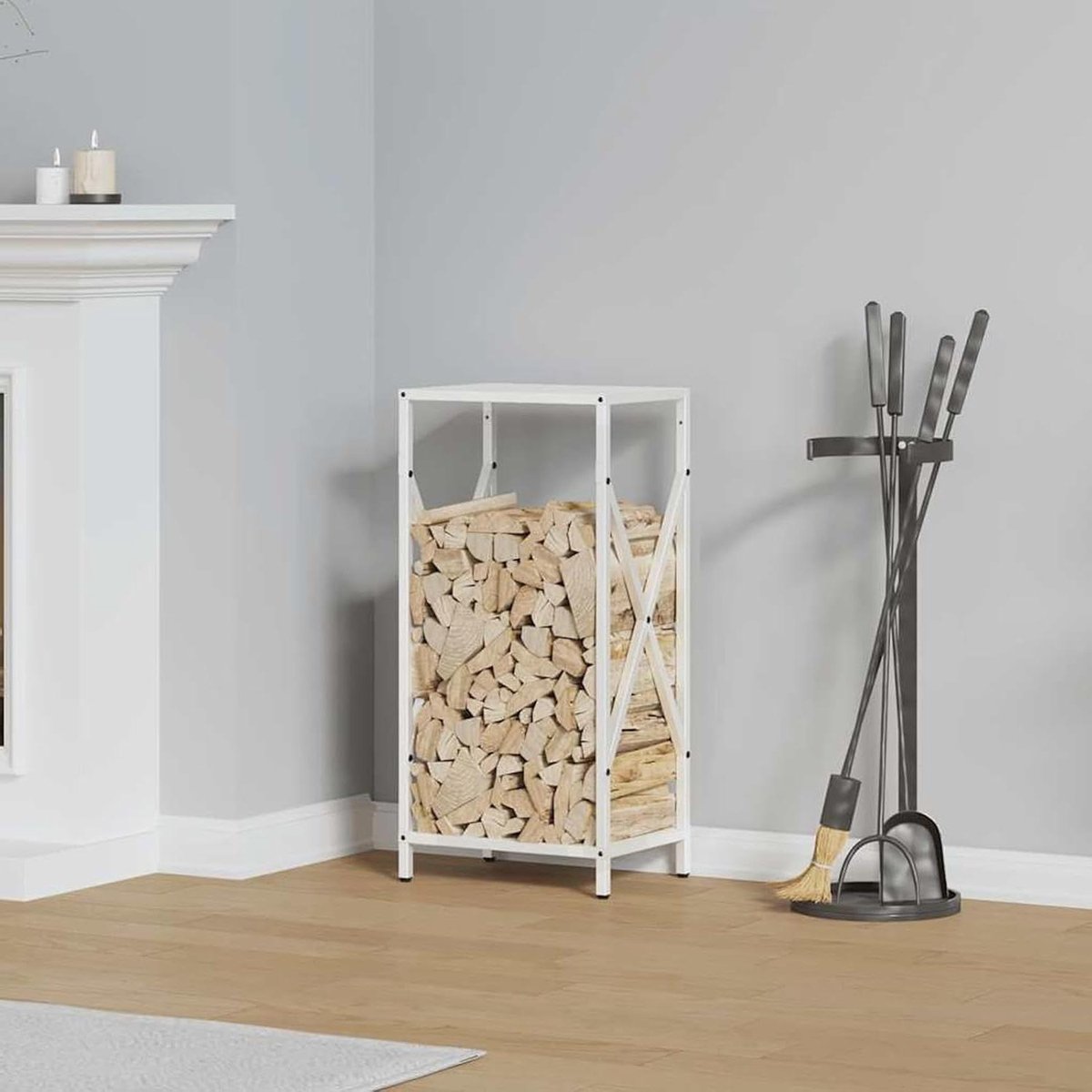 Brandhoutrek - Houtopslag Haardhouthouder - Haardhout Opslaan - Koudgewalst Staal - 34 x 25 x 70 cm - Wit
