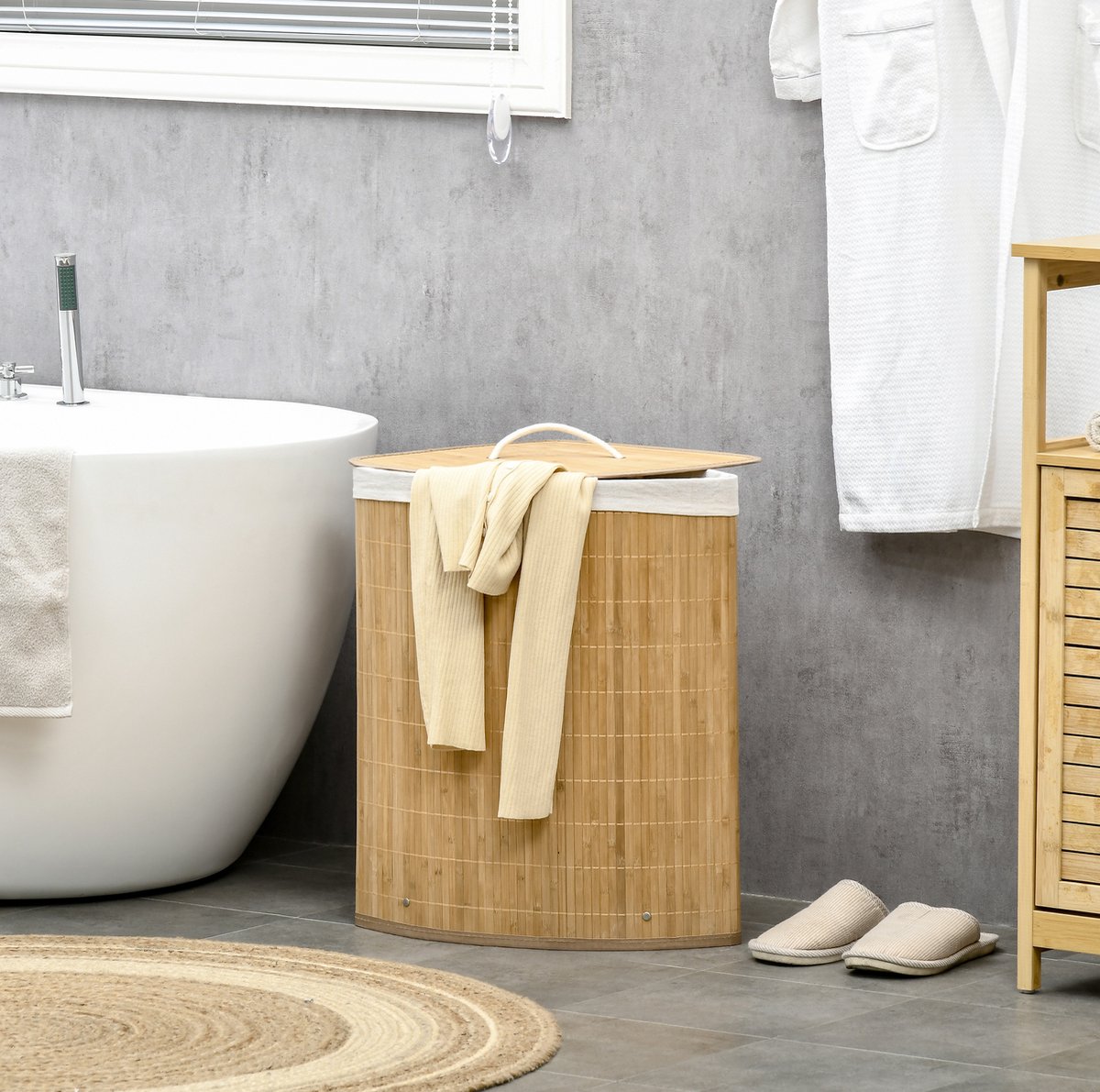 COVREO Wasmand 38 x 38 x 57 cm naturel, van bamboe met deksel en hoekmodel