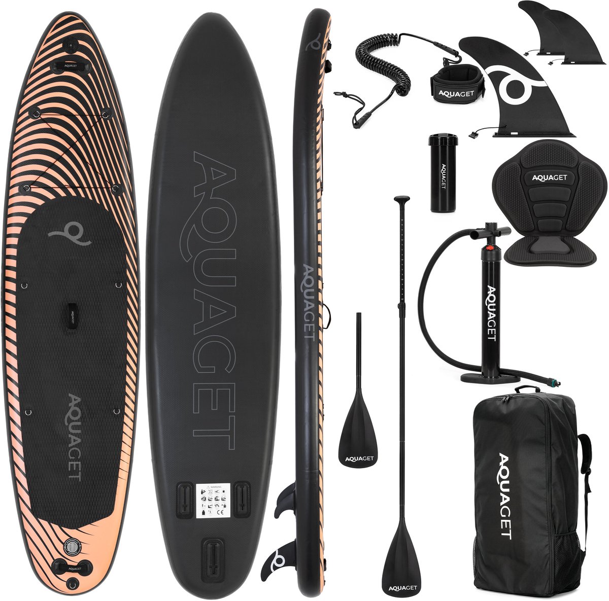 Aquaget® SUP Board - Opblaasbaar Paddle Board - Met Tas - Met Zitje -Inclusief Accessoires - Complete Set - Max. 220KG - 350x83,5cm - Zwart/Oranje