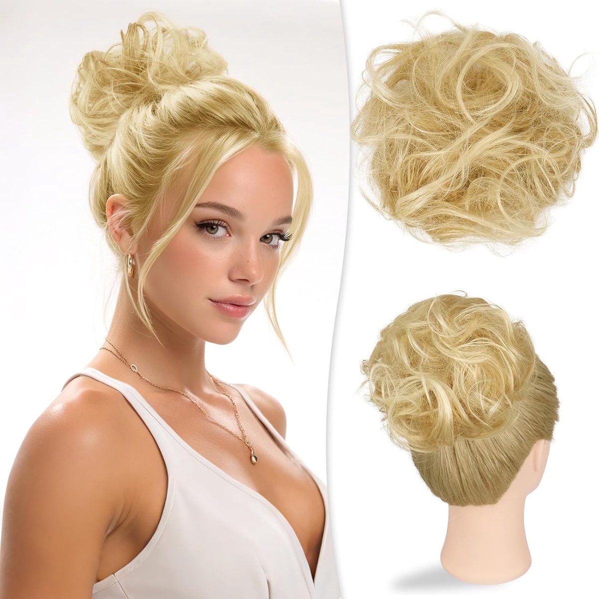 Natuurlijke Haarbun voor Vrouwen - Krullend en Golvend Haarstukje, Elastische Updo Haaraccessoire, 32g, Goudblond
