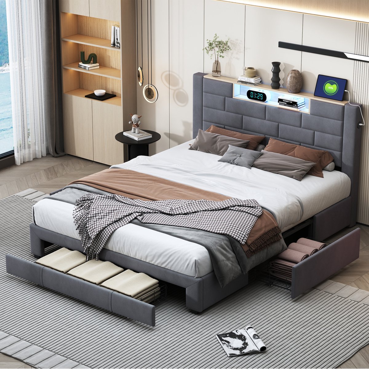Tweepersoonsbed 140x200 cm, volwassen bed met opbergruimte, LED-verlichting, USB-aansluiting en hoofdbord met vakken en lades, fluweel, grijs, zonder matras