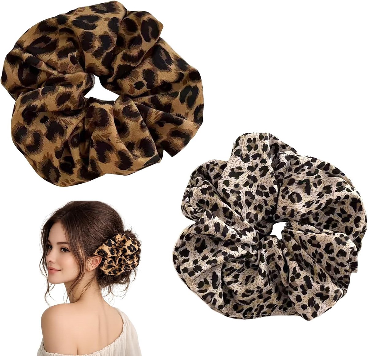 Set van 2 elegante haarelastiekjes met luipaardprint | Zachte scrunchies voor dagelijks gebruik | Antihaarbreuk en elastische haarbanden voor comfortabel dragen
