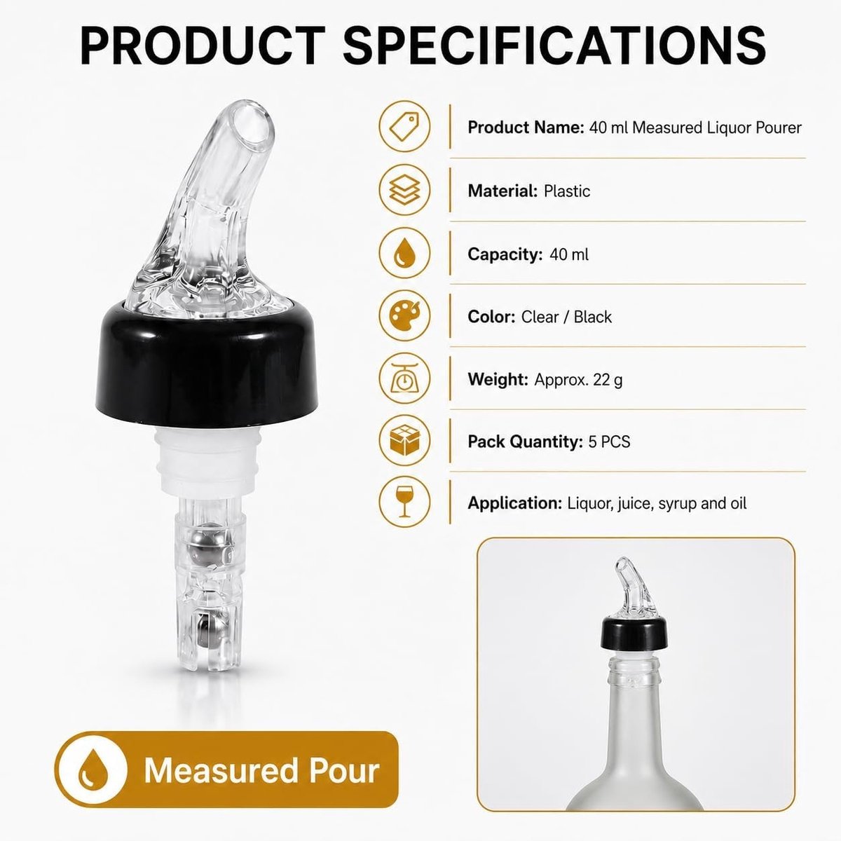 Set van 5 stuks 40ml Gieters voor Spirits, Plastic Wijnfles Gietstopper en Pourer, Transparant Accessoire voor Dranken