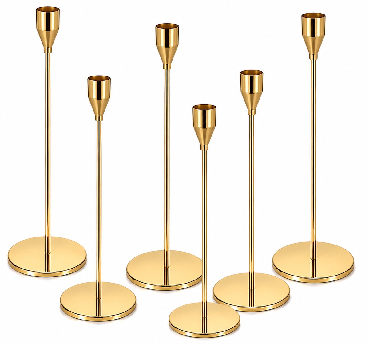 Kaiyaya - Kandelaars set van 6 - Decoratieve metalen kandelaars - Vintage kegelvormig - Goud - Tafeldecoratie, woondecoratie, bruiloft, feest - 23/27/33 cm