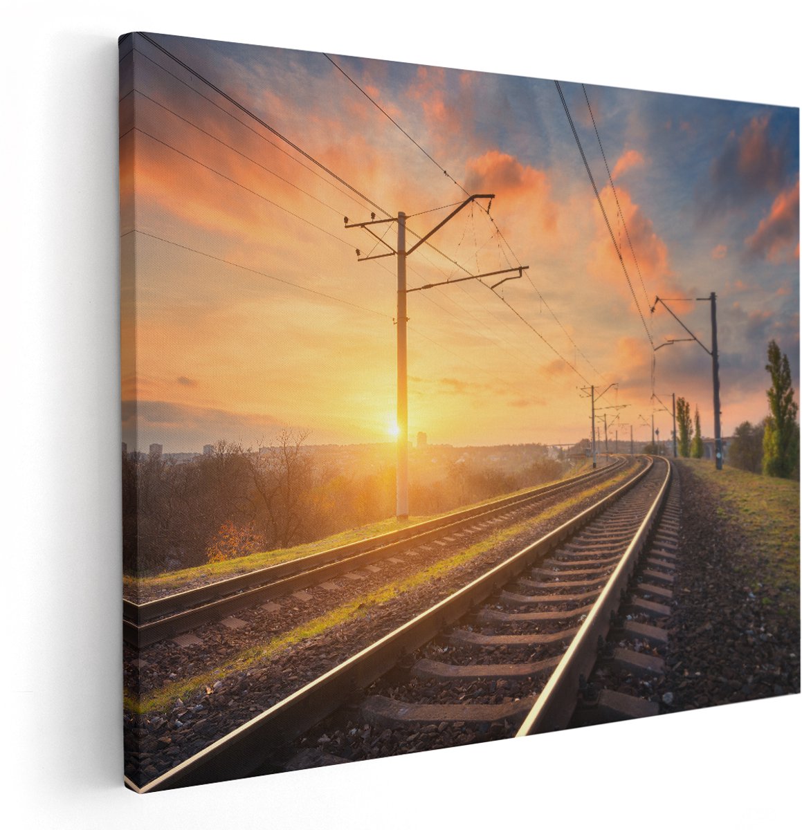 Artaza Canvas Schilderij Rails Spoorweg Bij Zonsondergang - 150x120 cm - Groot - Wanddecoratie Woonkamer - Schilderijen - Muurdecoratie