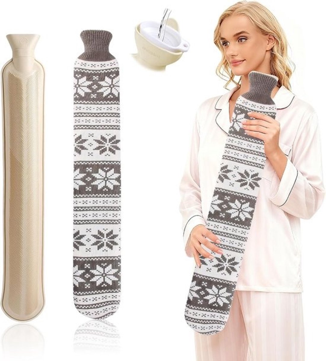 Warmwaterkruik Natuurrubber - Lange kruik - Warmte en comfort - Extra lange 72cm - 2 liter - Grijze sneeuwvlok