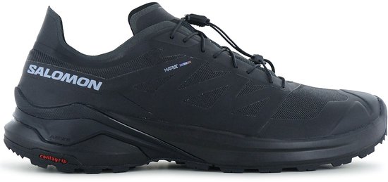 Zwarte Salomon XA META trailrunningschoen, zijaanzicht. Met "Salomon" logo, "MATRYX" logo en "Contagrip" zool.