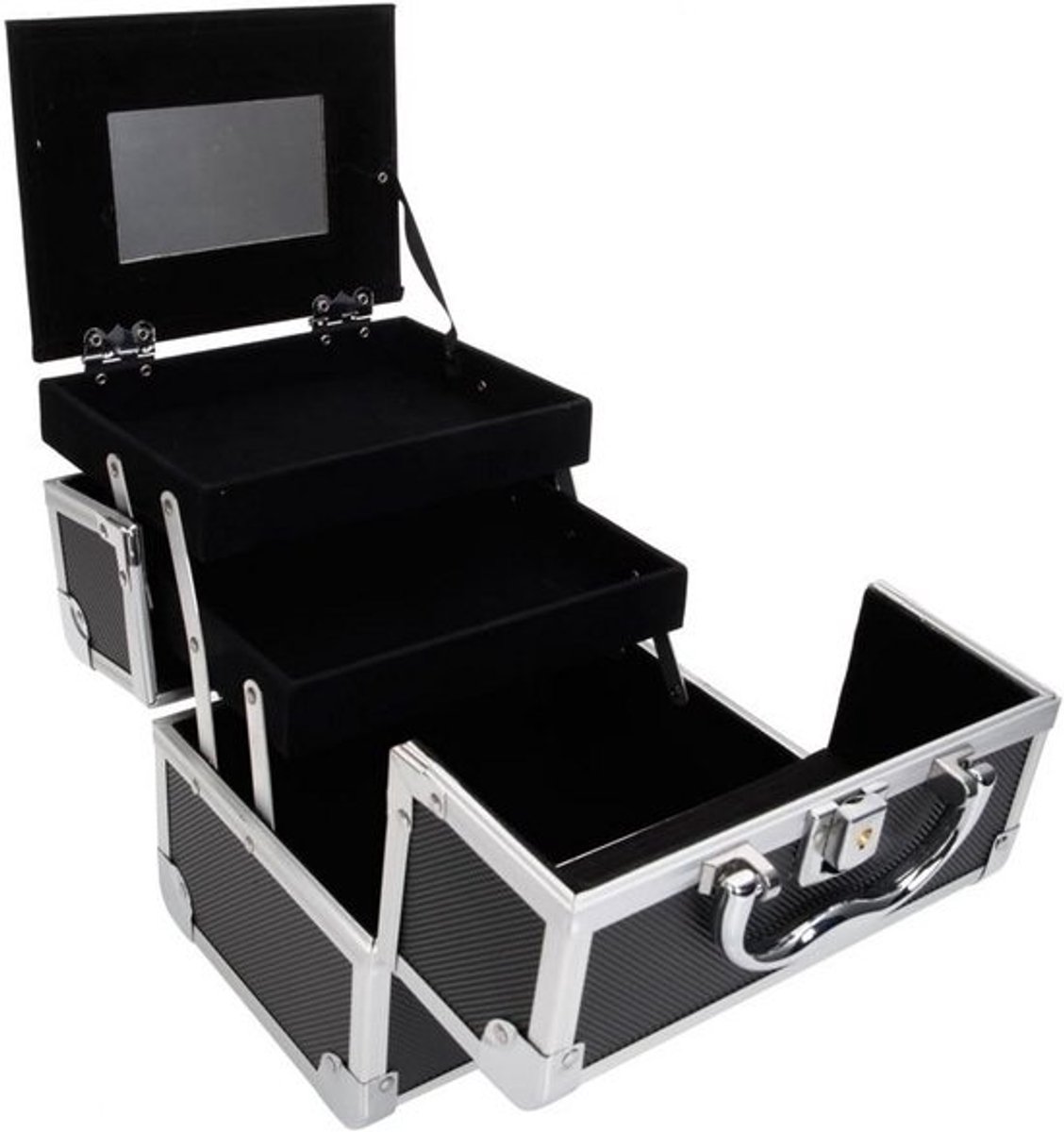 Make-upbox Organizer met Spiegel en Slot - Draagbare Cosmetica Koffer met 2 Trays - Aluminium Opbergdoos voor Make-up & Nagellak - Zwart