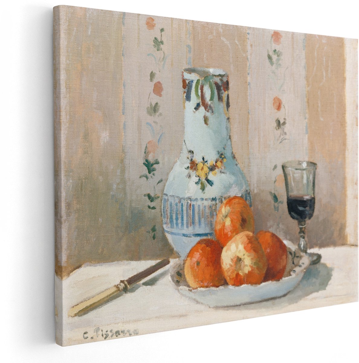Artaza Canvas Schilderij Stilleven Pissarro - 150x120 cm - Groot - Wanddecoratie Appels en Vaas - Muurdecoratie Klassieke Schilderijen - Decoratie Fruit