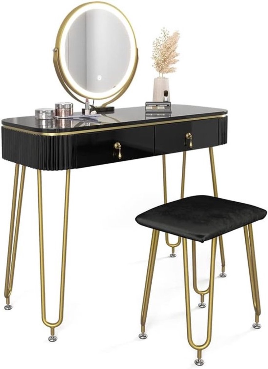 Kaptafel met LED Spiegel en Kruk Zwart Hoogglans - Ruime Make-up Tafel met Laden