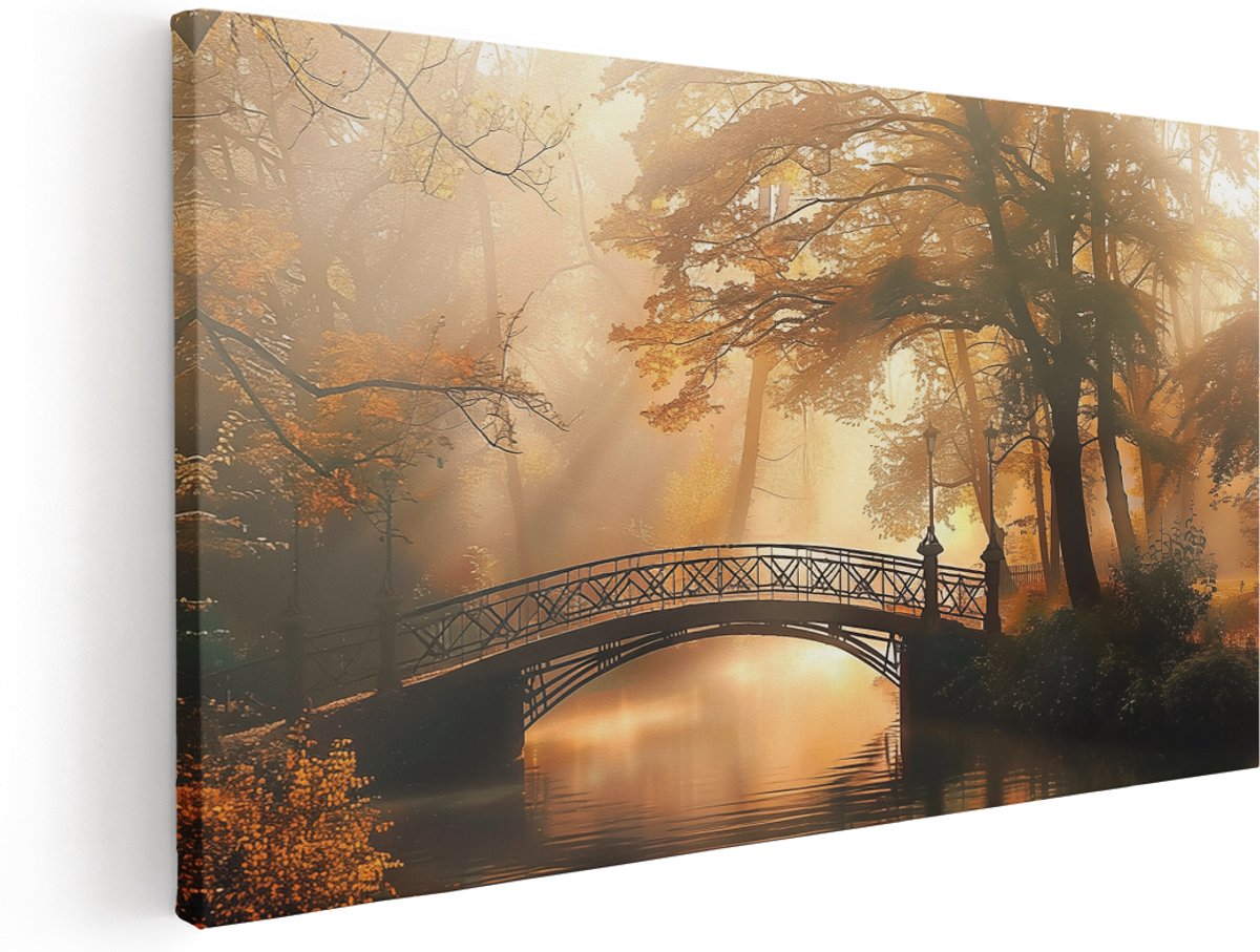 Artaza Canvas Schilderij Brug over een Rivier in een Bos - 160x80 cm - Groot - Klein - Wanddecoratie Woonkamer - Schilderijen - Muurdecoratie