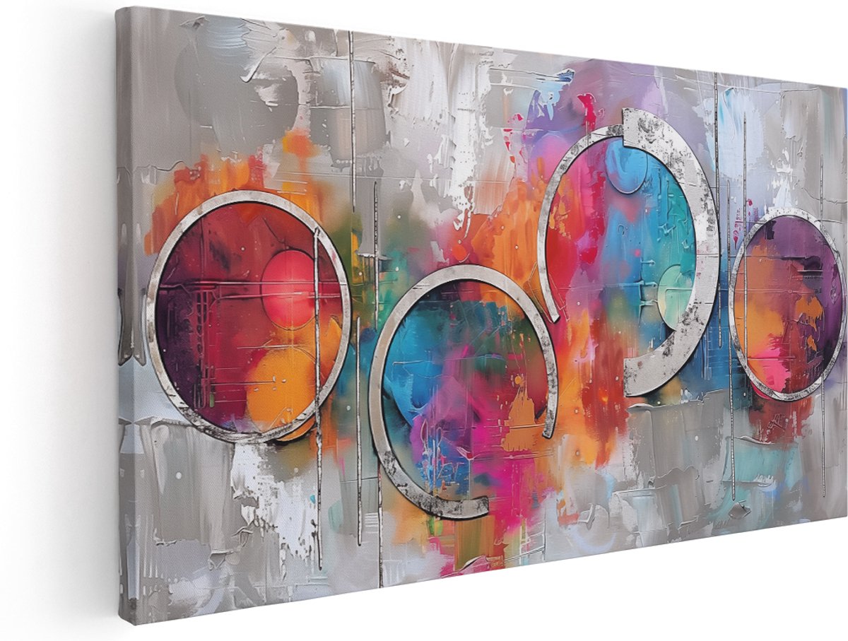 Artaza Canvas Schilderij Kleurrijke Cirkels op een Grijze Achtergrond - 160x80 cm - Groot - Klein - Wanddecoratie Woonkamer - Schilderijen - Muurdecoratie
