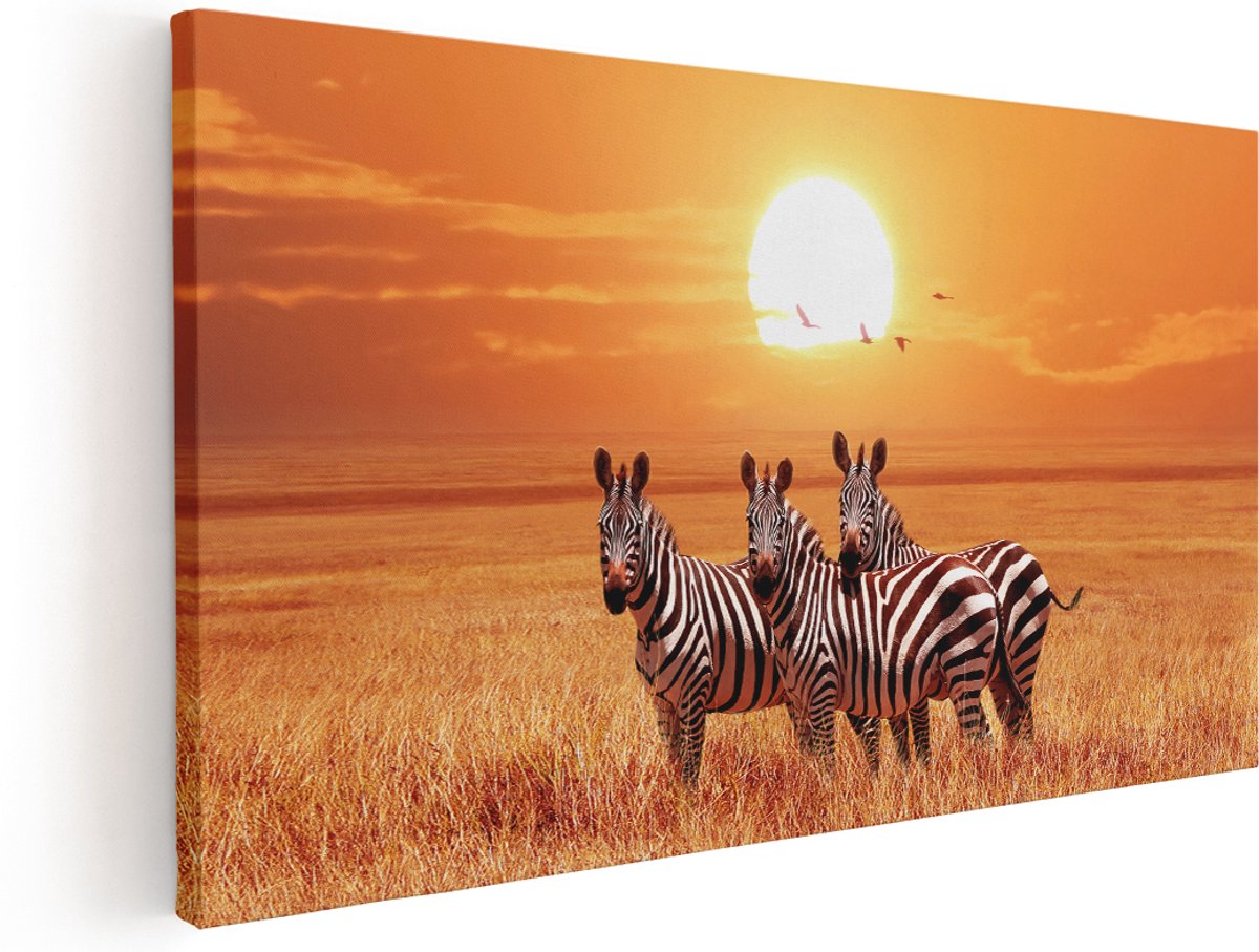 Artaza Canvas Schilderij Drie Zebra's Bij Zonsondergang - 160x80 cm - Groot - Wanddecoratie Woonkamer - Schilderijen - Muurdecoratie