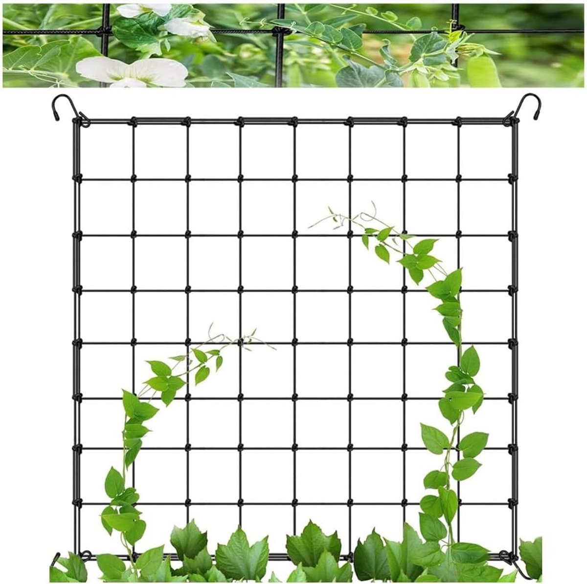 Ondersteuningsnet voor Klimplanten, Elastisch Nylon Tuinnet 90 x 90 cm met 4 Haken, Ideaal voor Komkommers, Tomaten en Bloemen